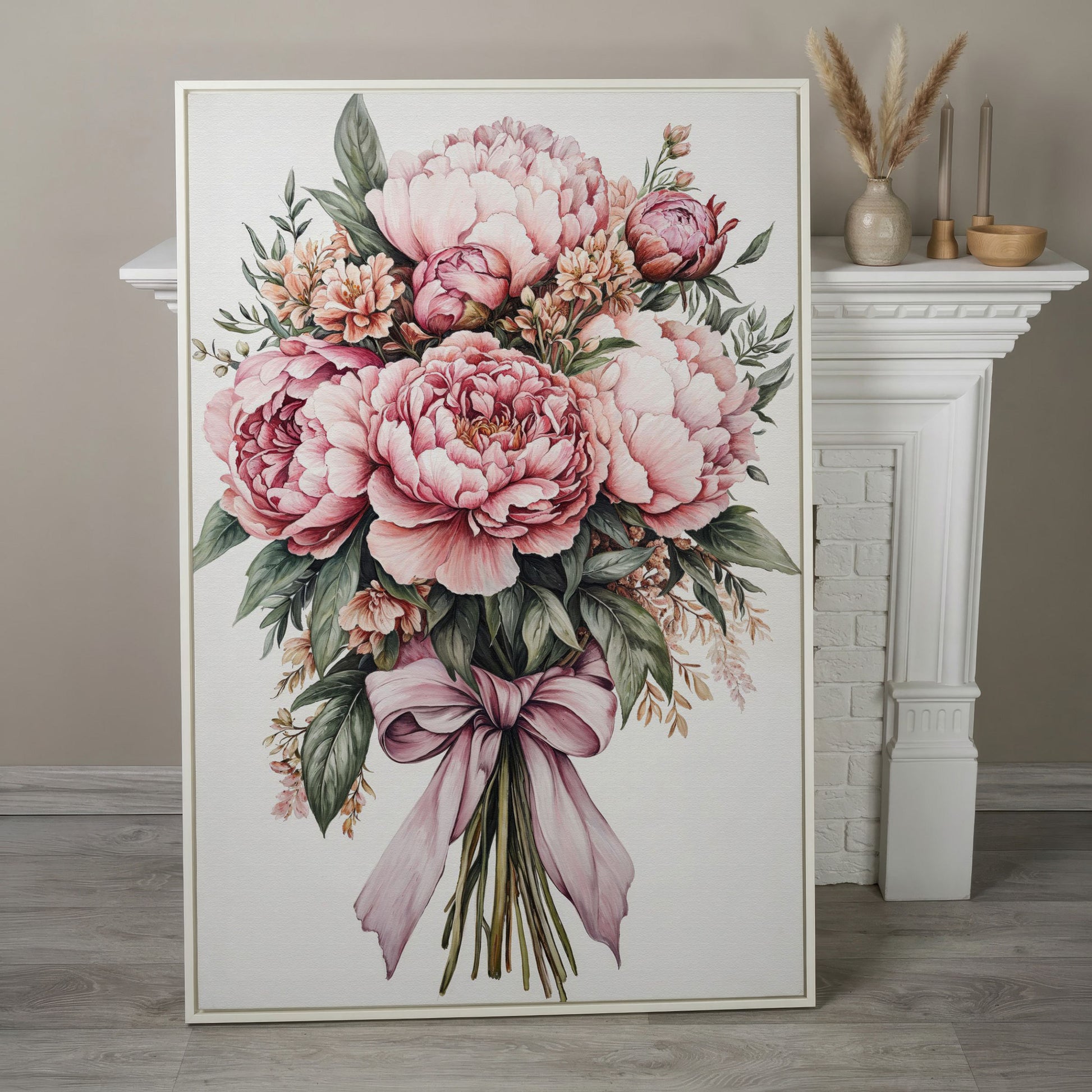 Vintage Peony Bouquet Canvas in white floating frame