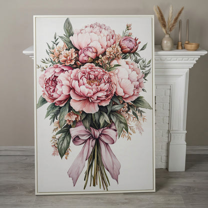 Vintage Peony Bouquet Canvas in white floating frame