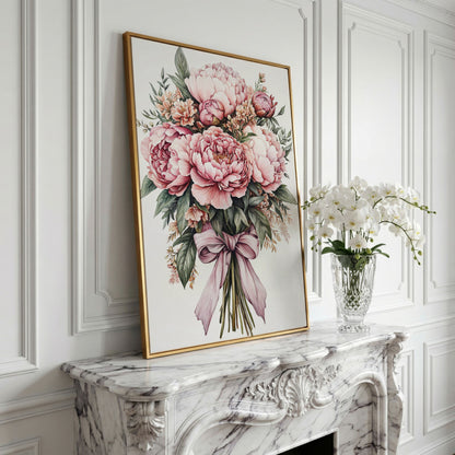 Vintage Peony Bouquet Canvas in yellow gold floating frame