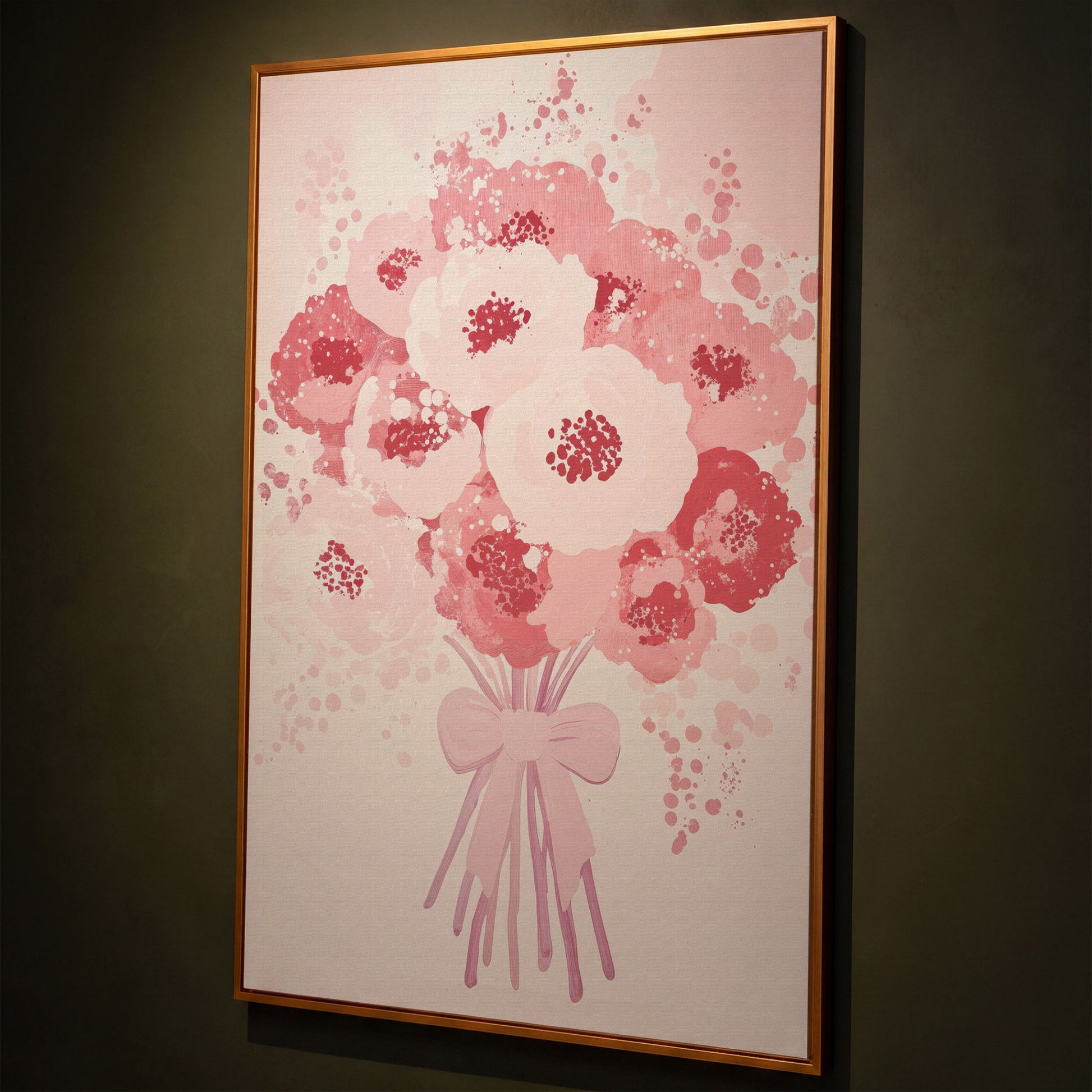 Pink Flower Bouquet Canvas Print shown in antique gold floating frame