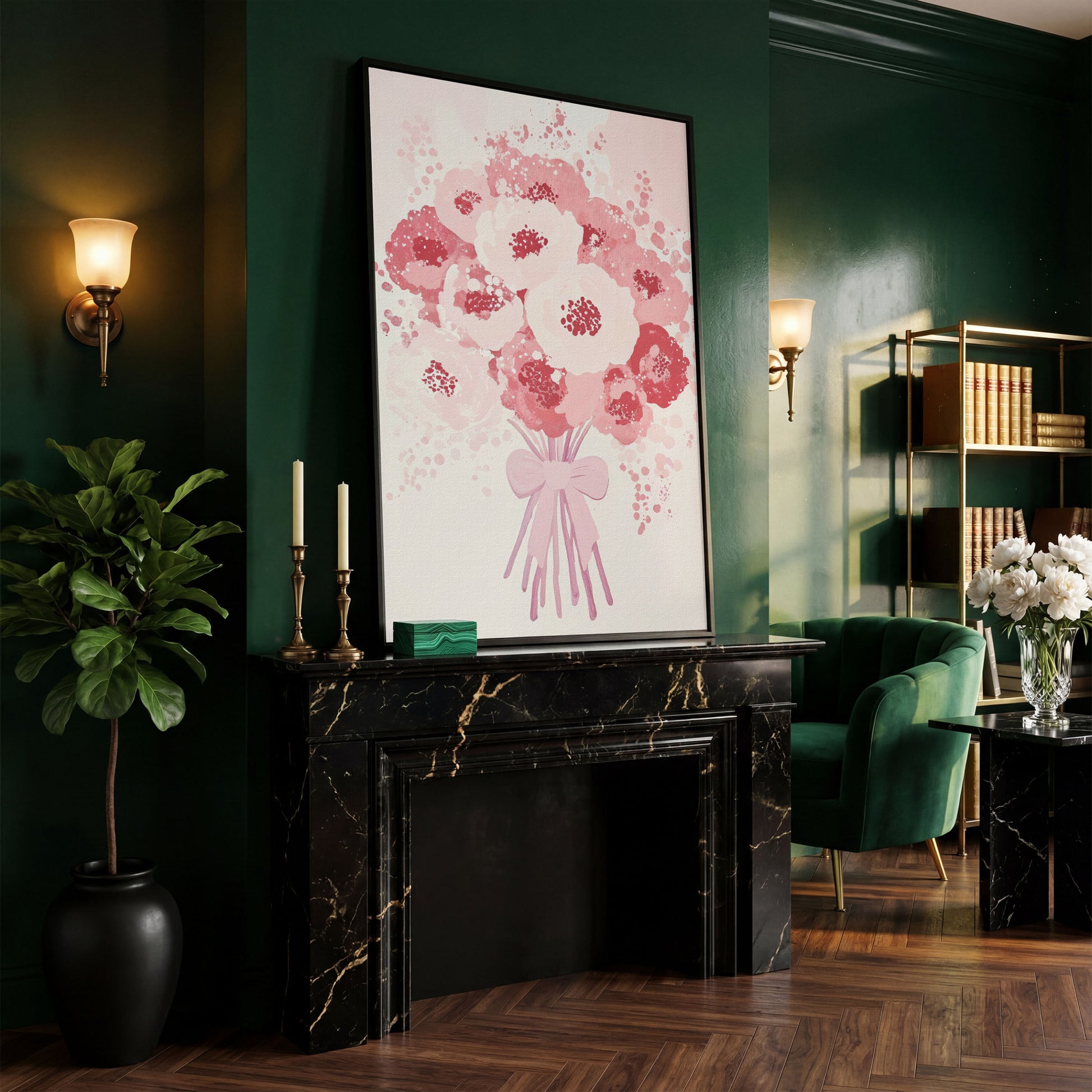 Pink Flower Bouquet Canvas Print in black floating frame
