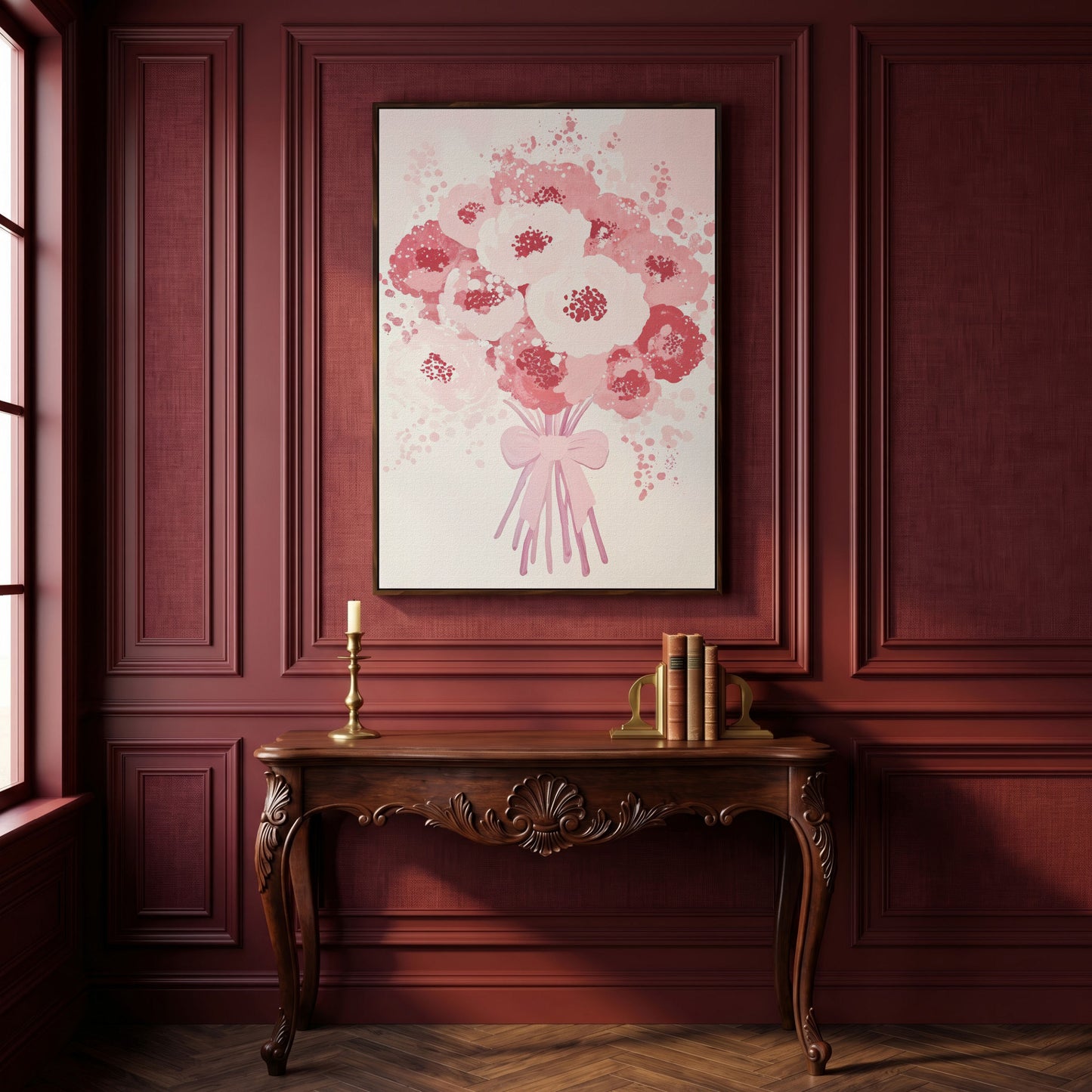 Pink Flower Bouquet Canvas Print in dark walnut floating frame