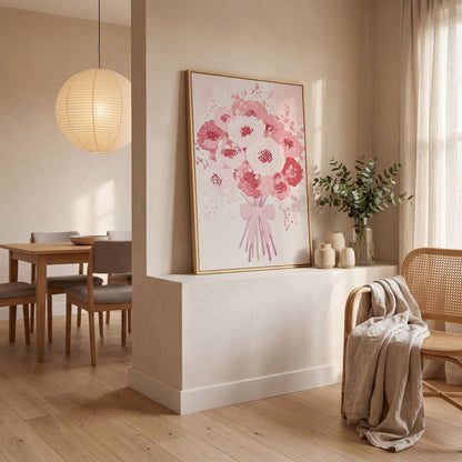 Pink Flower Bouquet Canvas Print in white oak floating frame