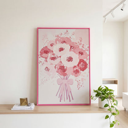 Pink Flower Bouquet Canvas Print in pink floating frame