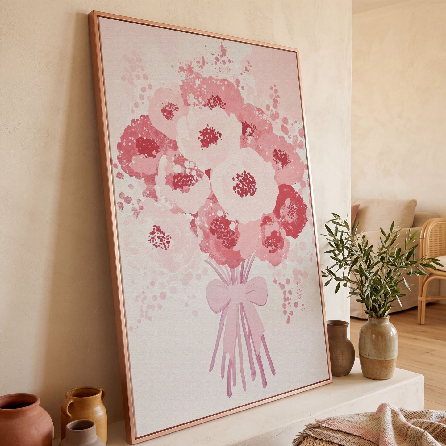 Pink Flower Bouquet Canvas Print in rose gold floating frame