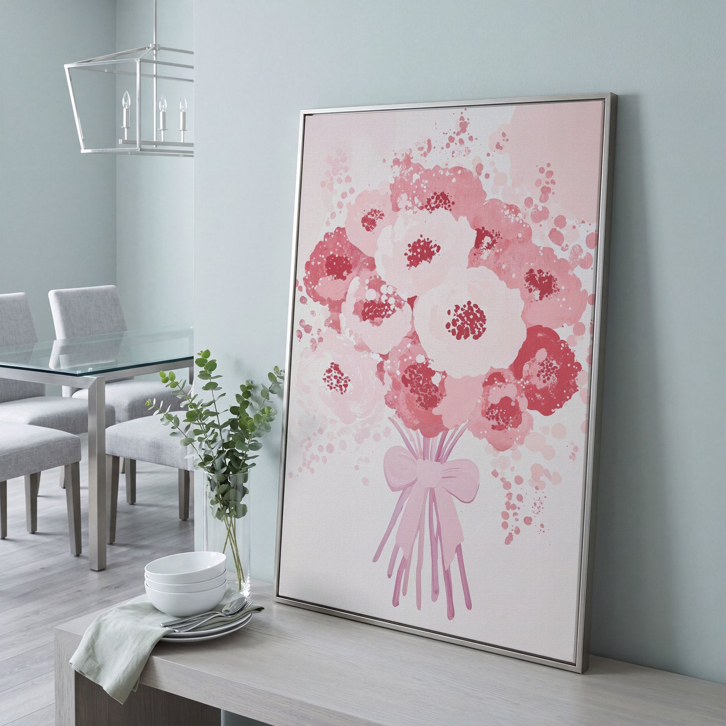 Pink Flower Bouquet Canvas Print in silver floating frame