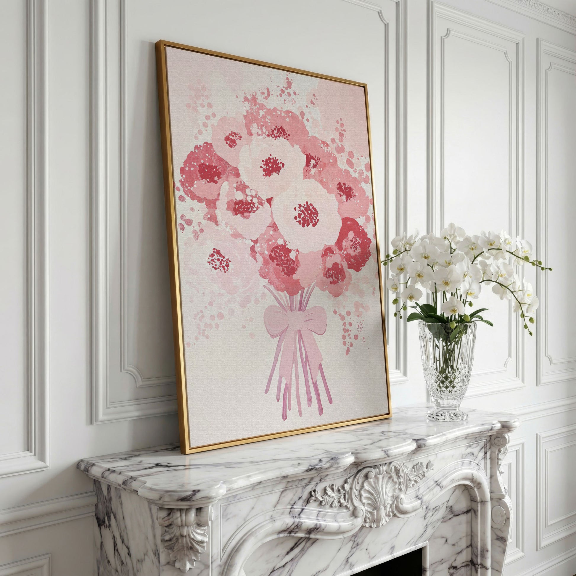 Pink Flower Bouquet Canvas Print in yellow gold floating frame