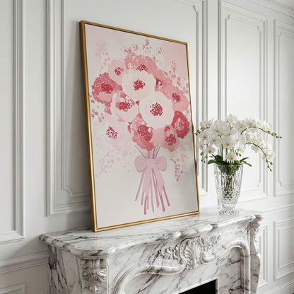 Pink Flower Bouquet Canvas Print in yellow gold floating frame