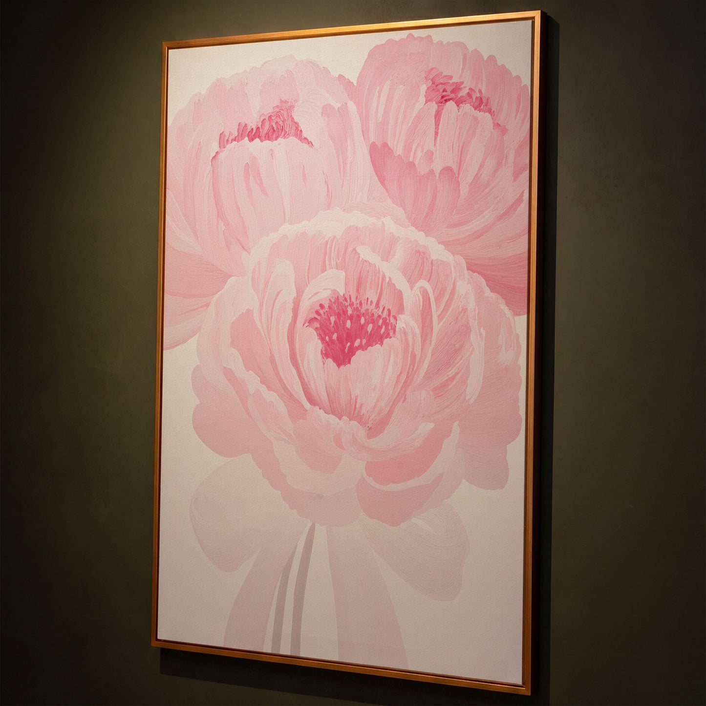 Pink Peony Canvas Art Print in Portrait shown in antique gold floating frame