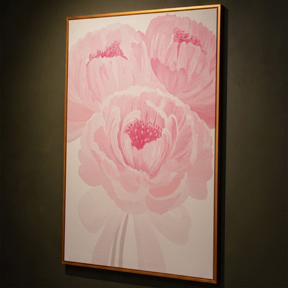 Pink Peony Canvas Art Print in Portrait shown in antique gold floating frame