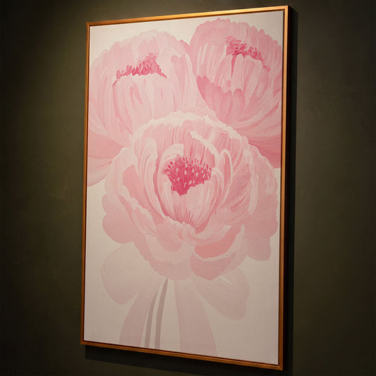 Pink Peony Canvas Art Print in Portrait shown in antique gold floating frame