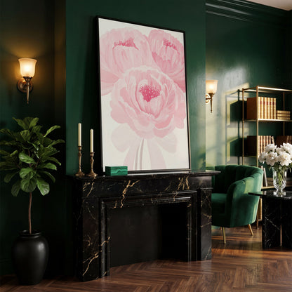 Pink Peony Canvas Art Print in Portrait in black floating frame