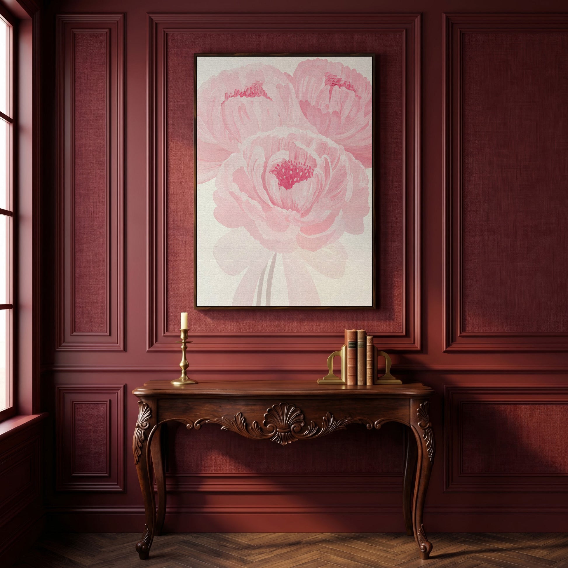 Pink Peony Canvas Art Print in Portrait in dark walnut floating frame