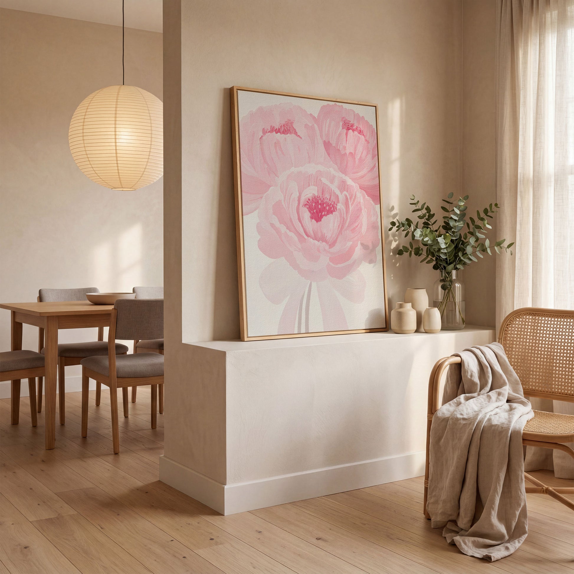 Pink Peony Canvas Art Print in Portrait in white oak floating frame