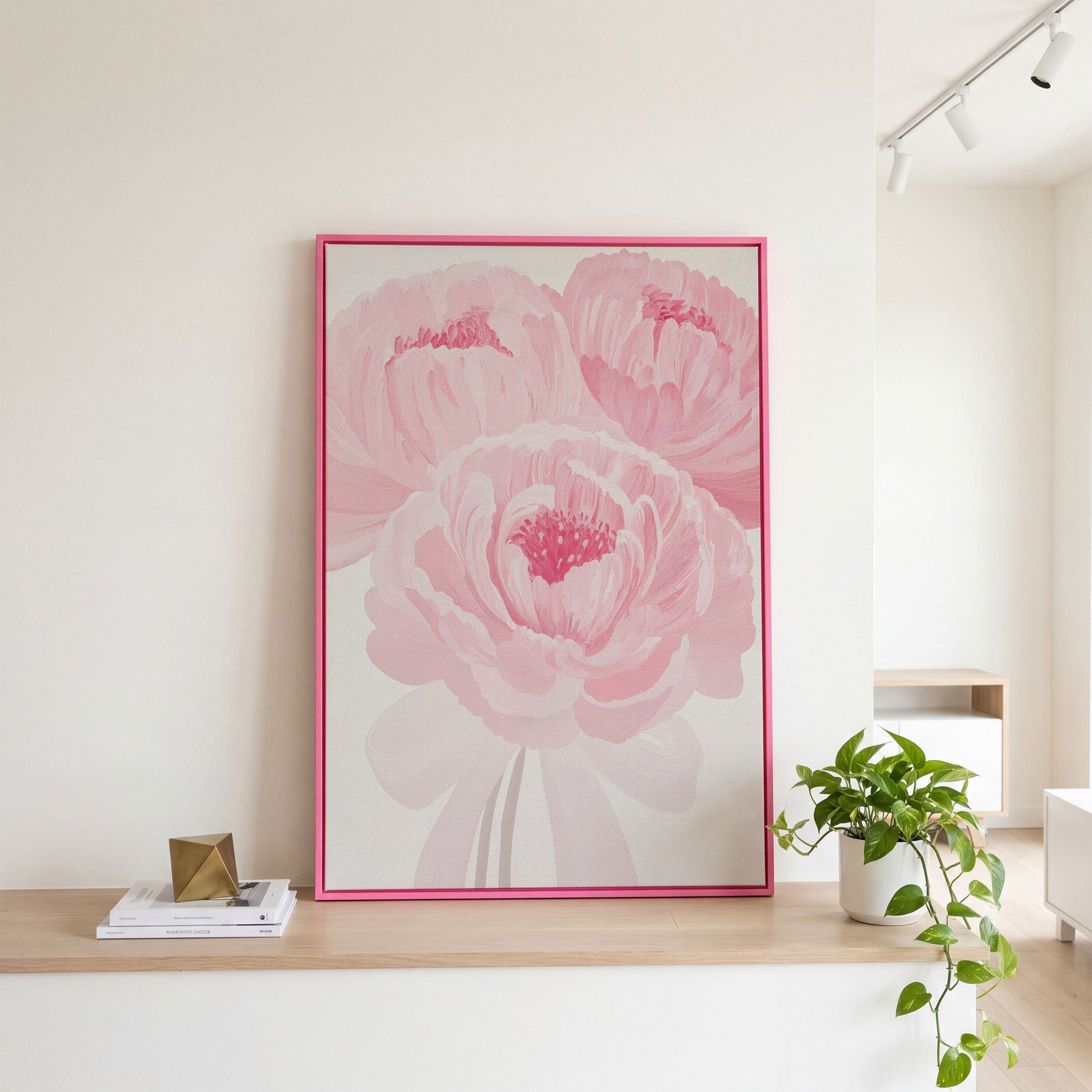 Pink Peony Canvas Art Print in Portrait in pink floating frame