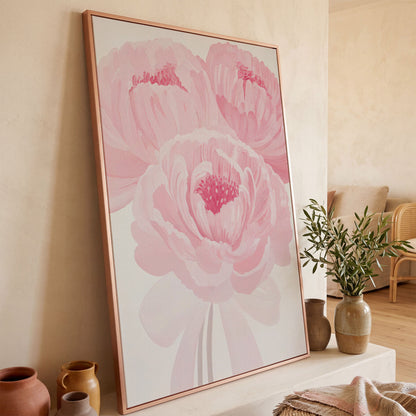 Pink Peony Canvas Art Print in Portrait in rose gold floating frame
