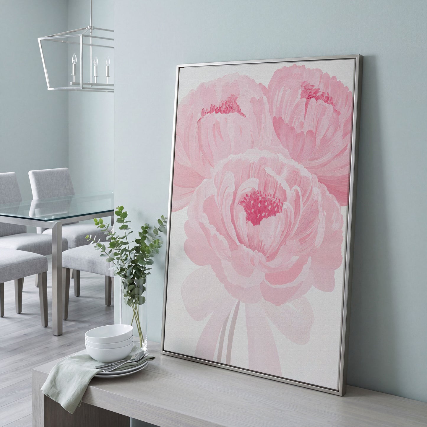 Pink Peony Canvas Art Print in Portrait in silver floating frame