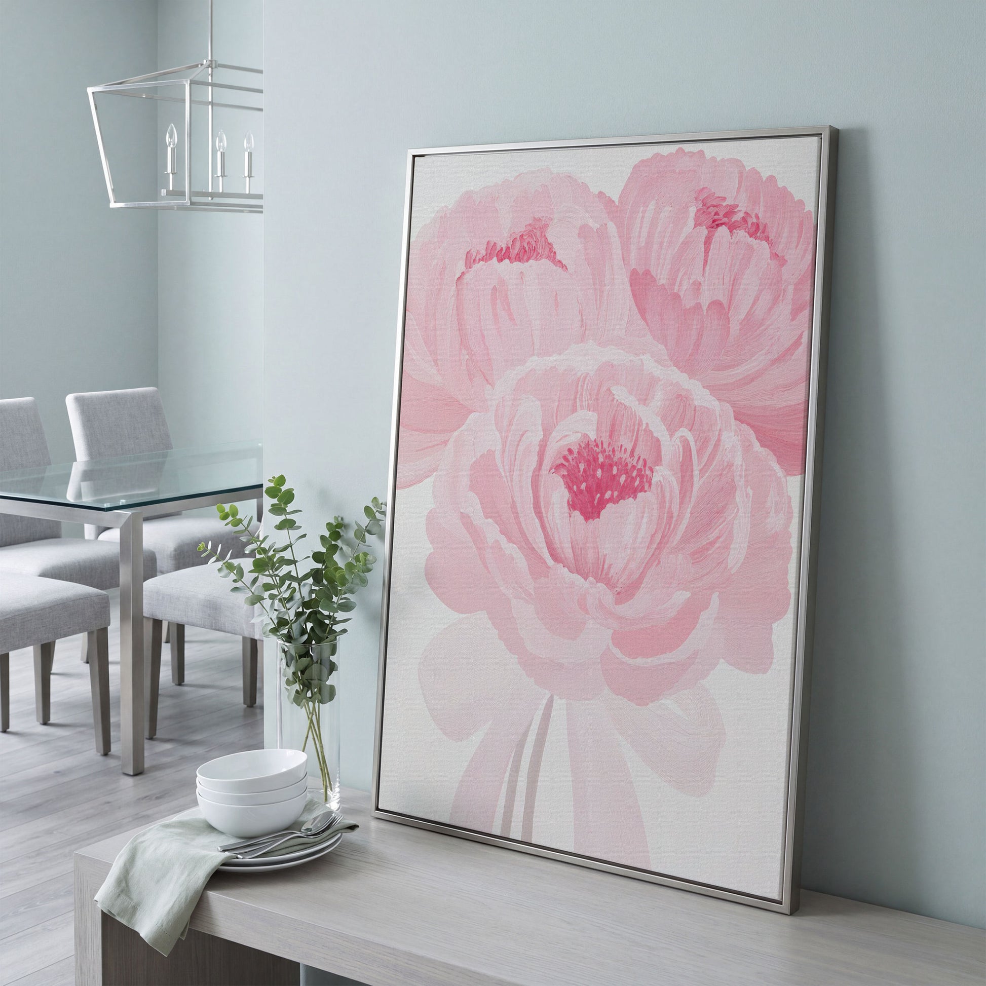 Pink Peony Canvas Art Print in Portrait in silver floating frame