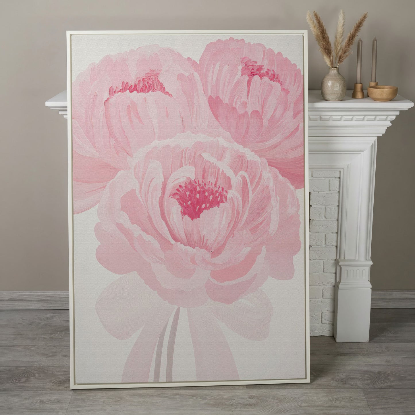 Pink Peony Canvas Art Print in Portrait in white floating frame
