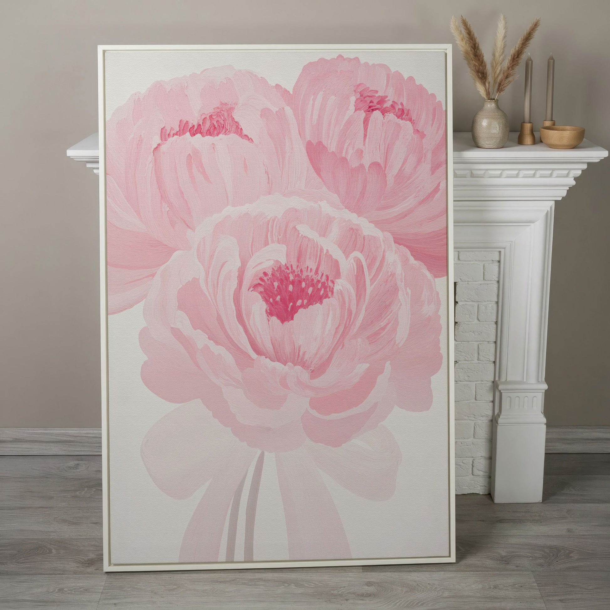Pink Peony Canvas Art Print in Portrait in white floating frame