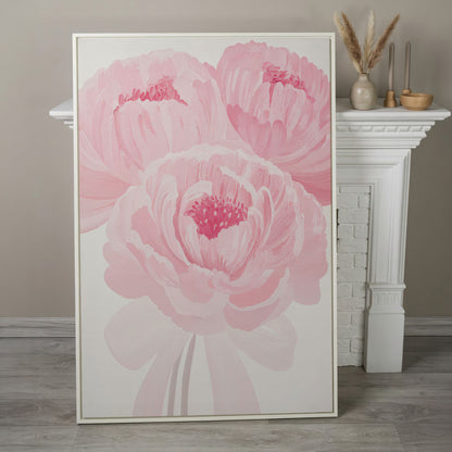 Pink Peony Canvas Art Print in Portrait in white floating frame