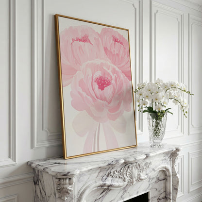 Pink Peony Canvas Art Print in Portrait in yellow gold floating frame