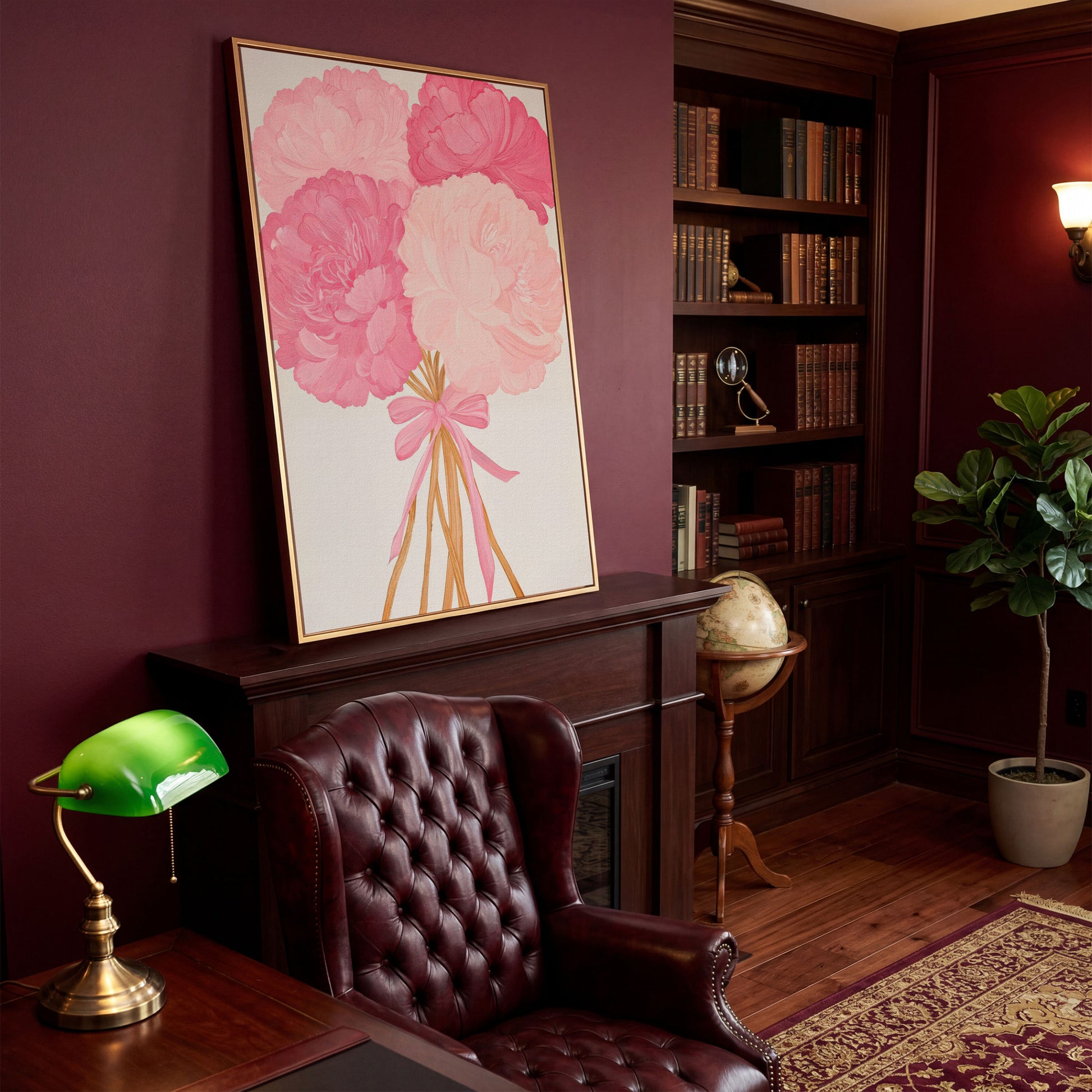 Pink Peonies with Ribbon Canvas Art in antique gold floating frame