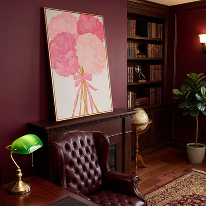 Pink Peonies with Ribbon Canvas Art in antique gold floating frame