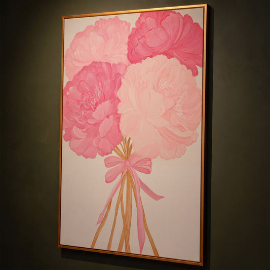 Pink Peonies with Ribbon Canvas Art shown in antique gold floating frame