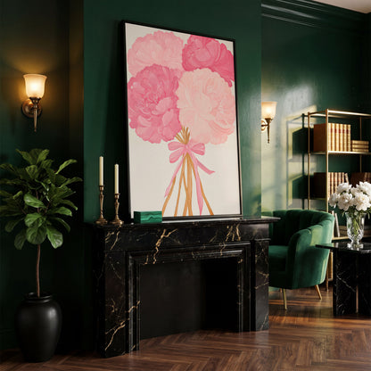 Pink Peonies with Ribbon Canvas Art in black floating frame