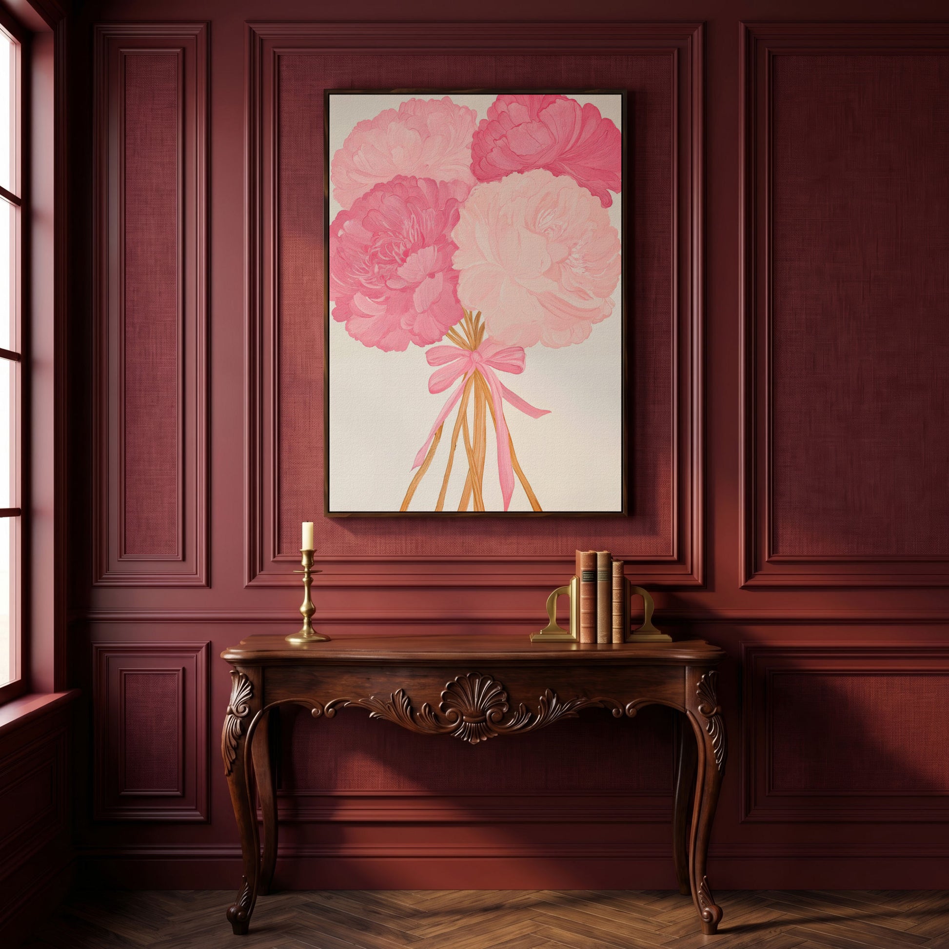 Pink Peonies with Ribbon Canvas Art in dark walnut floating frame