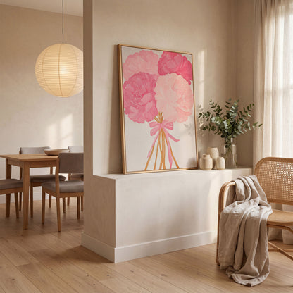 Pink Peonies with Ribbon Canvas Art in white oak floating frame