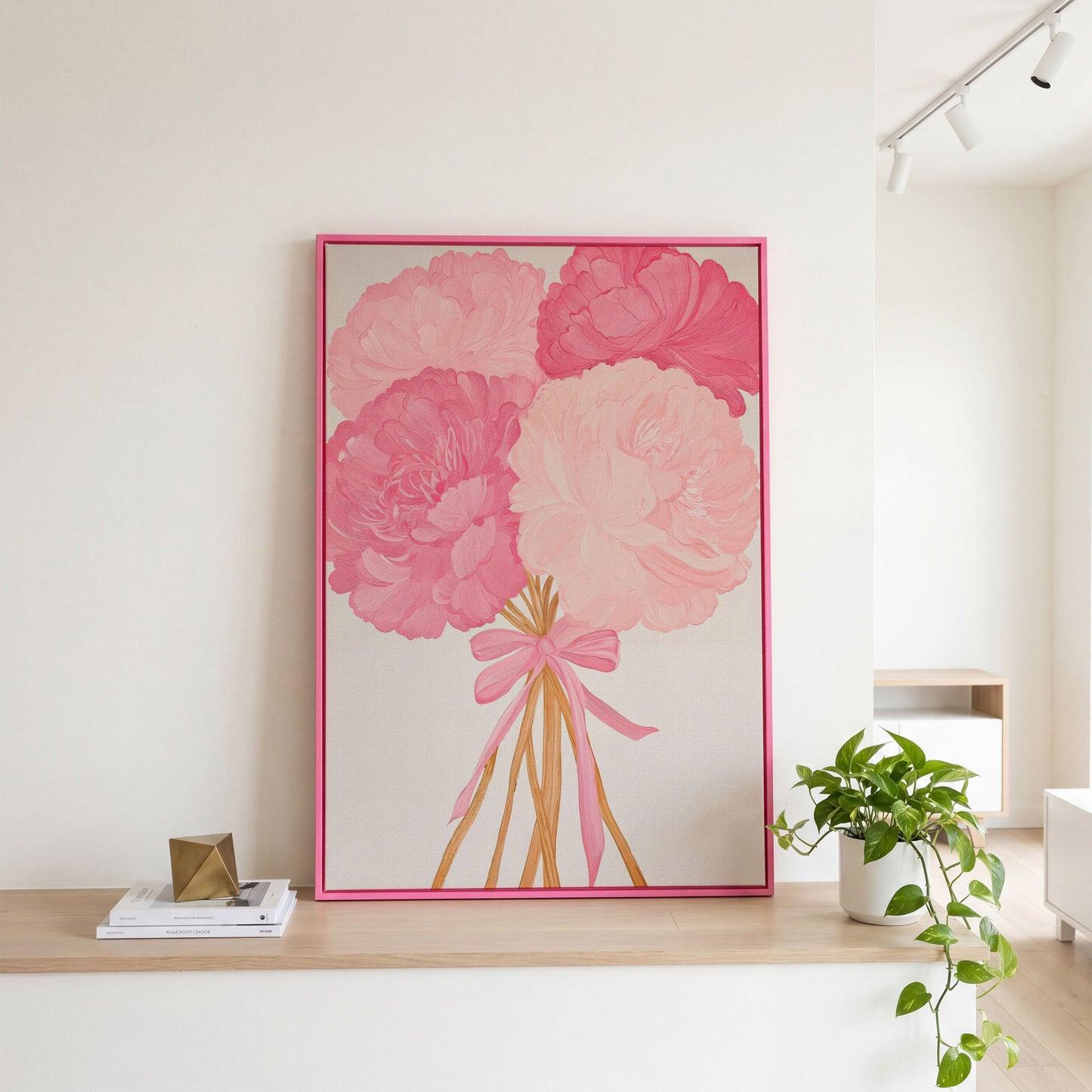 Pink Peonies with Ribbon Canvas Art in pink floating frame
