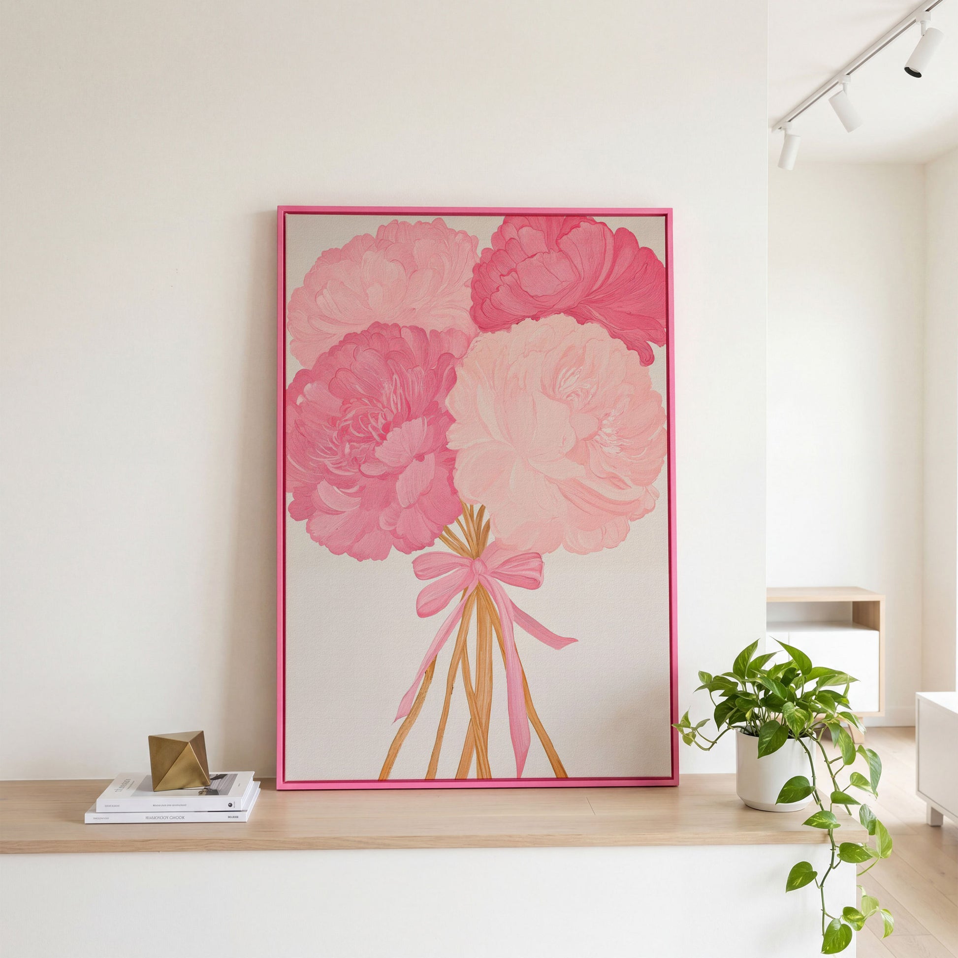 Pink Peonies with Ribbon Canvas Art in pink floating frame