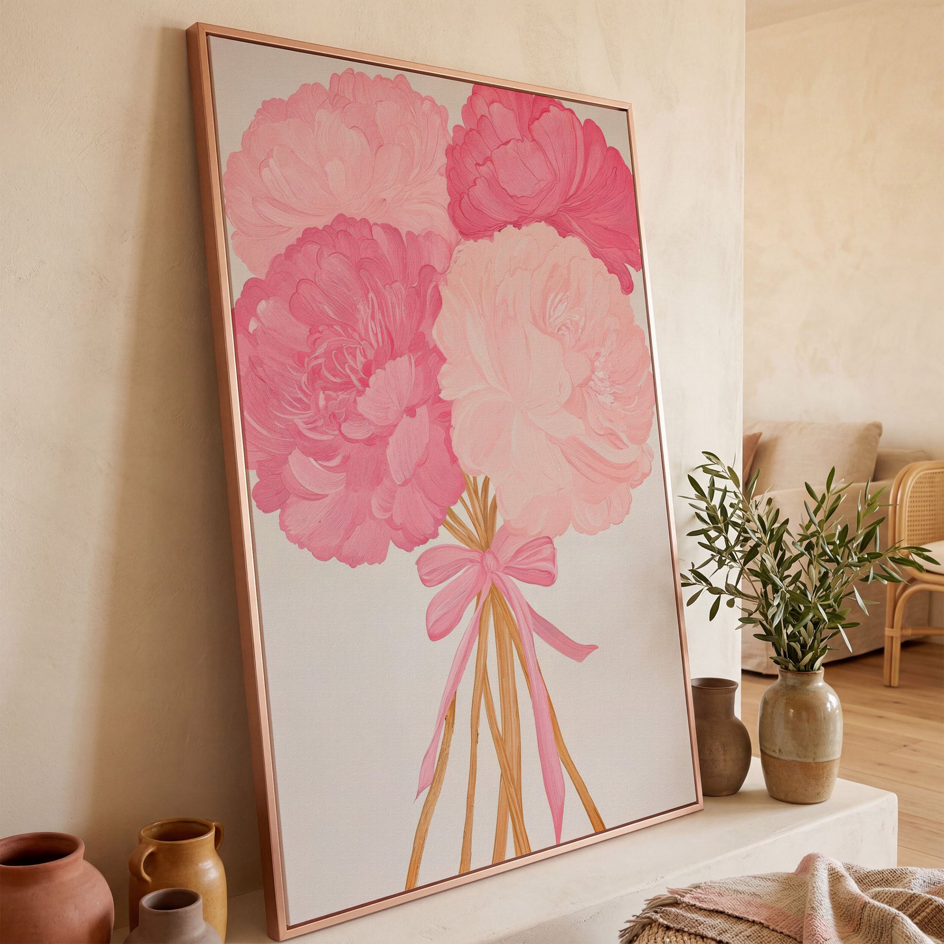 Pink Peonies with Ribbon Canvas Art in rose gold floating frame
