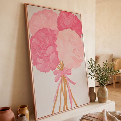 Pink Peonies with Ribbon Canvas Art in rose gold floating frame