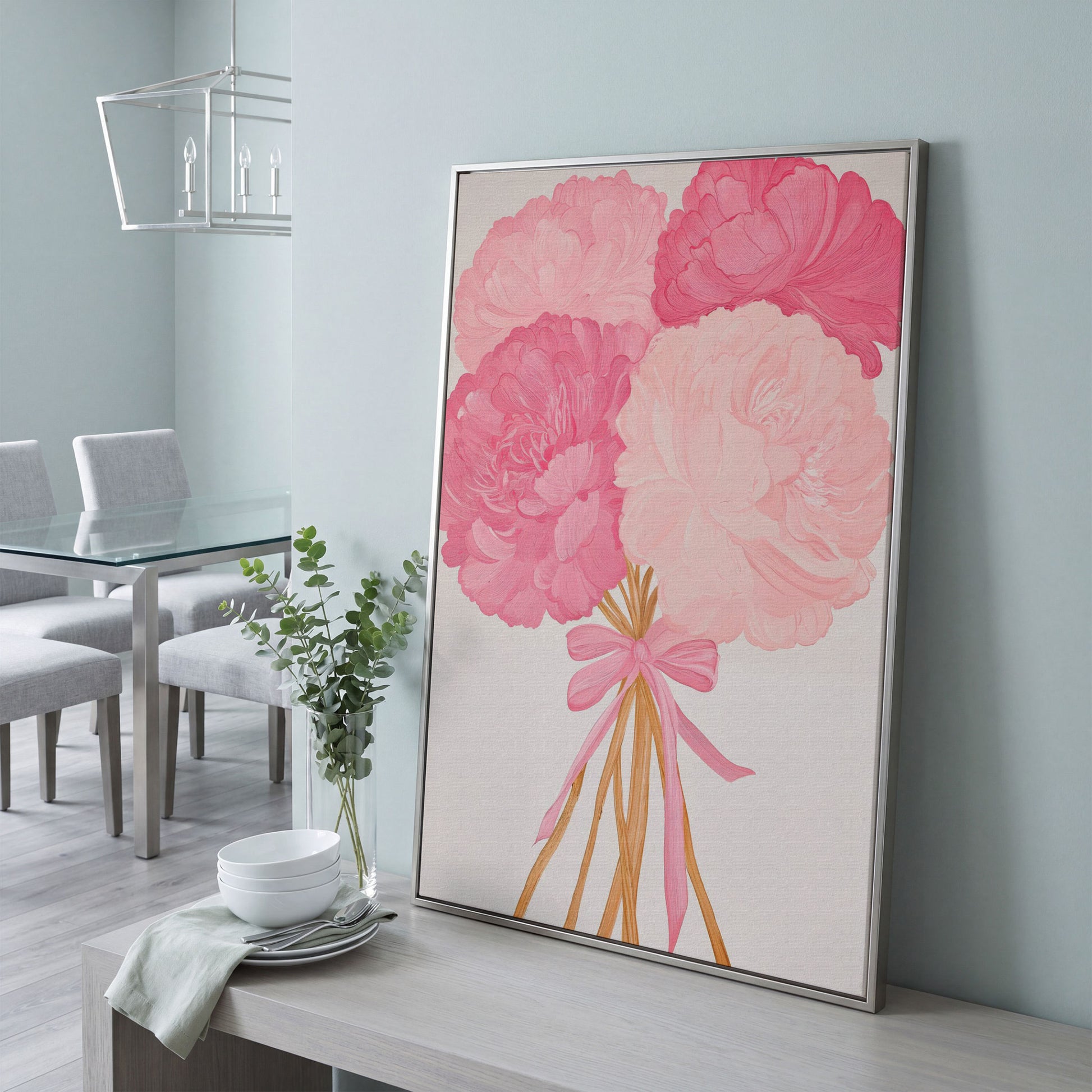 Pink Peonies with Ribbon Canvas Art in silver floating frame