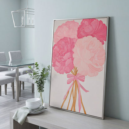 Pink Peonies with Ribbon Canvas Art in silver floating frame