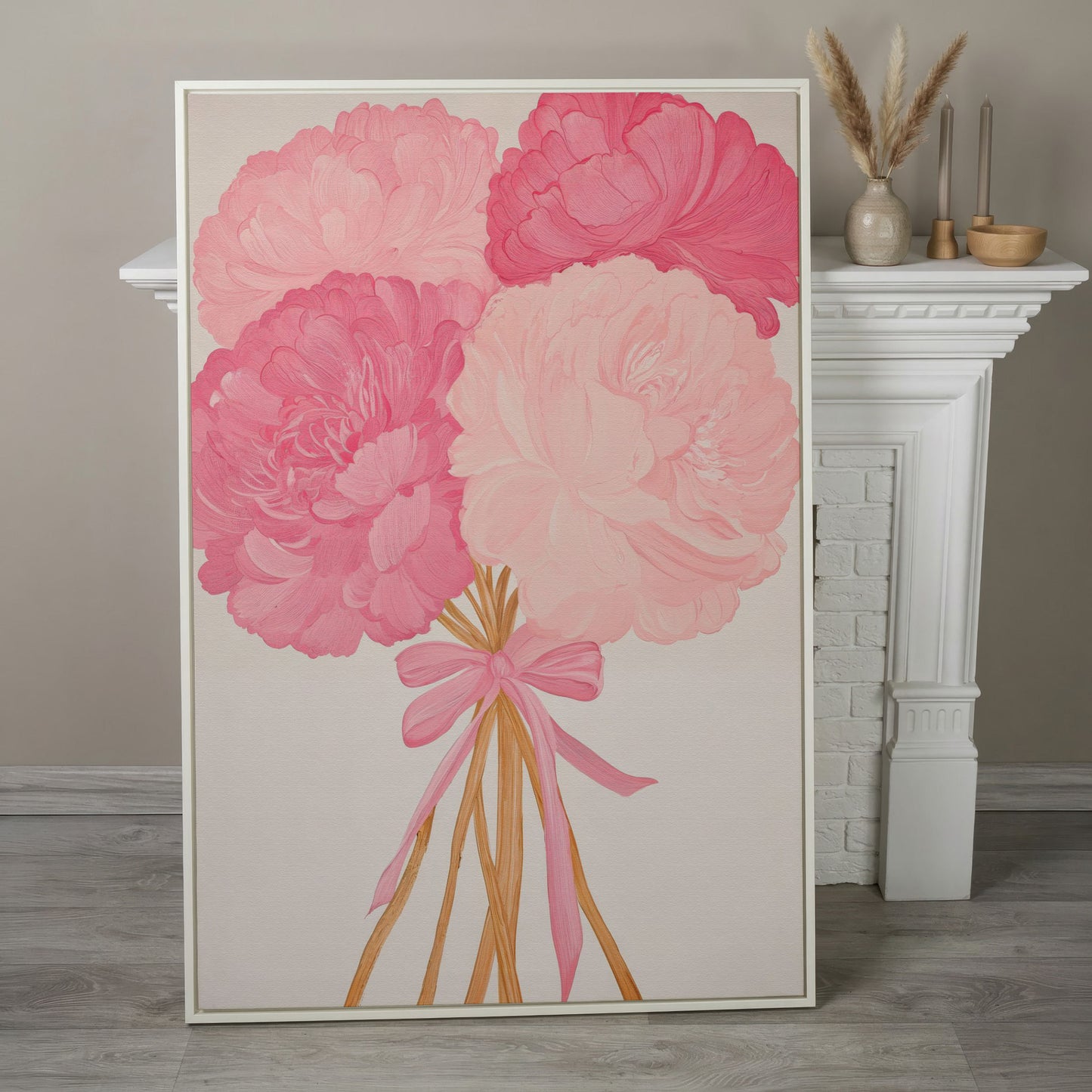 Pink Peonies with Ribbon Canvas Art in white floating frame
