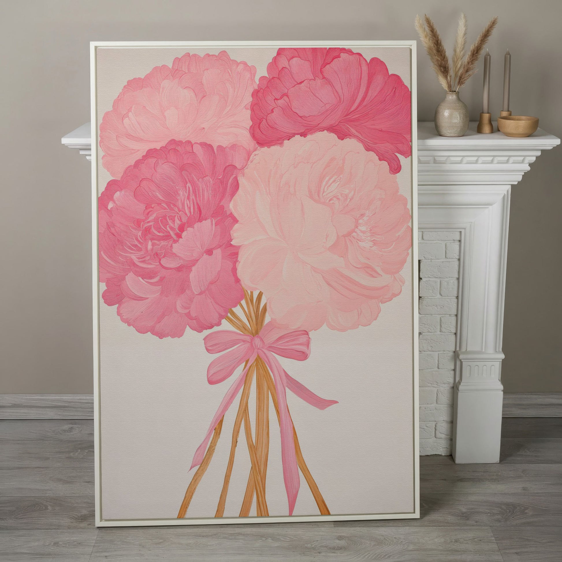 Pink Peonies with Ribbon Canvas Art in white floating frame