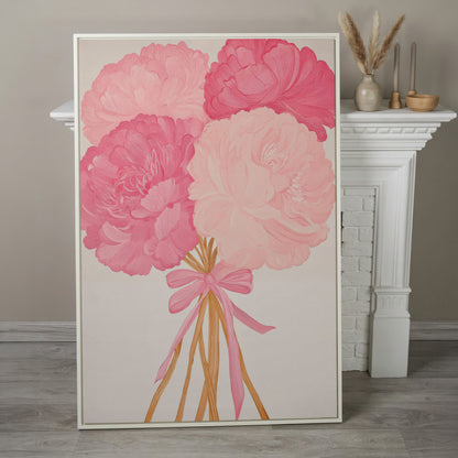 Pink Peonies with Ribbon Canvas Art in white floating frame