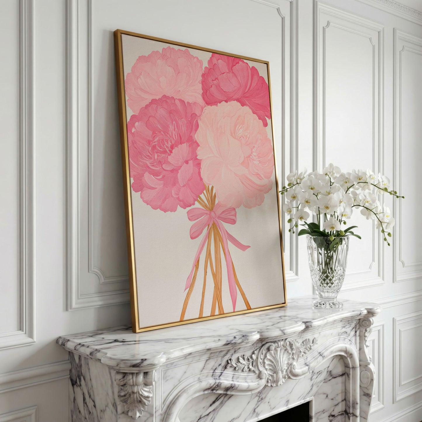Pink Peonies with Ribbon Canvas Art in yellow gold floating frame