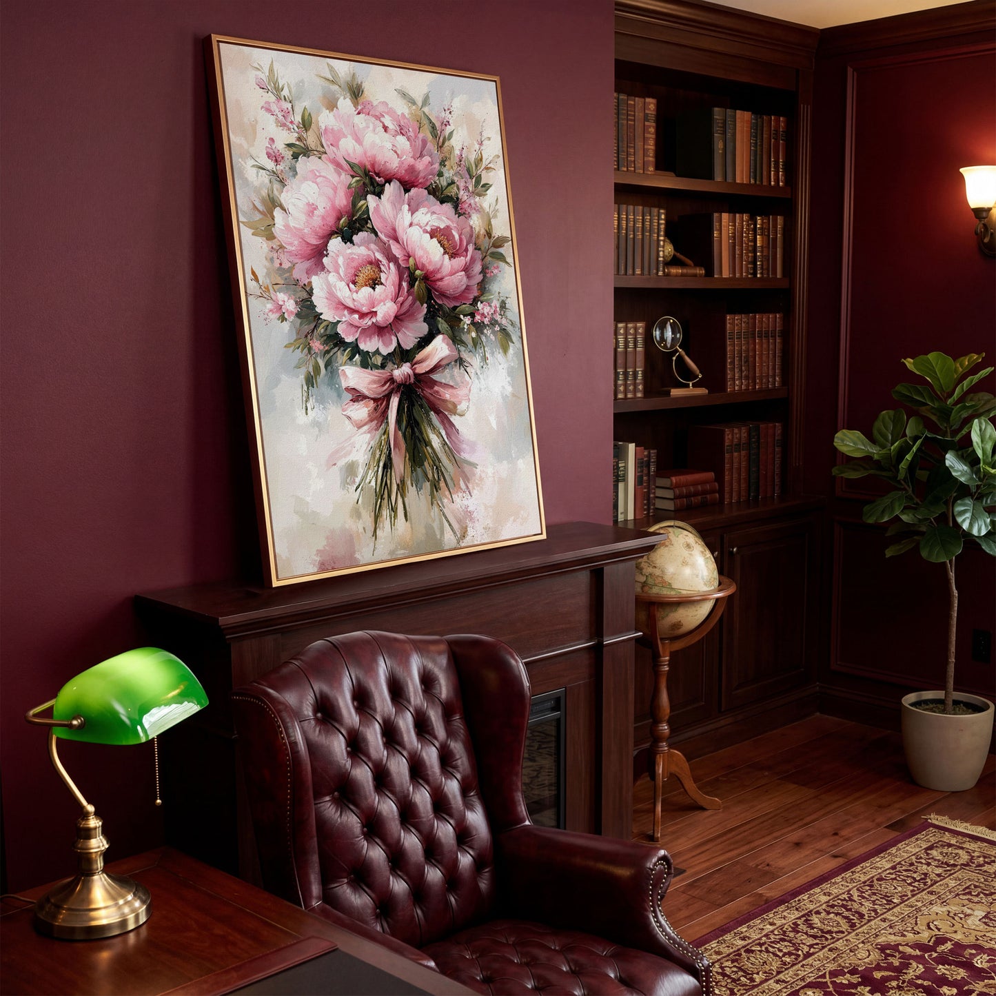 Pink Peony Bouquet Canvas Print for Living Room in antique gold floating frame