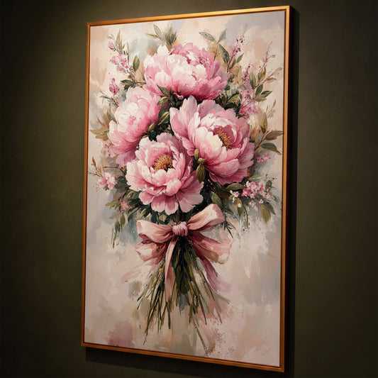 Pink Peony Bouquet Canvas Print for Living Room shown in antique gold floating frame