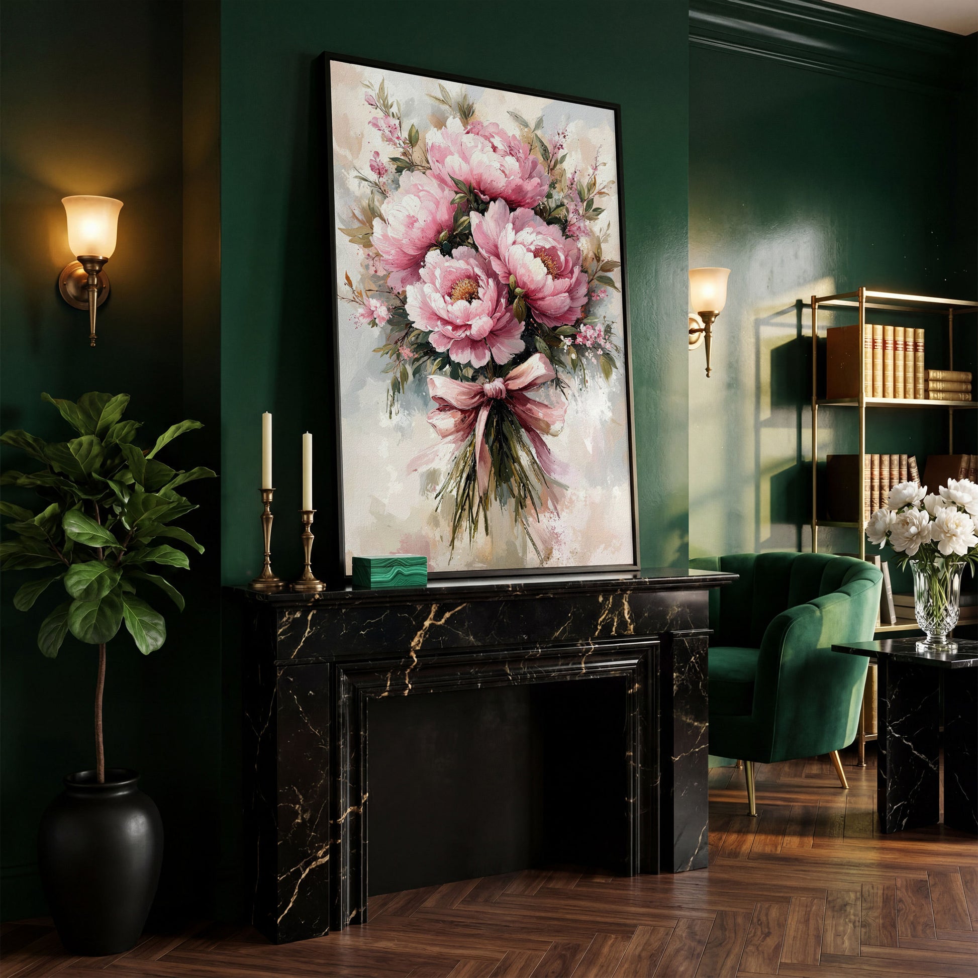 Pink Peony Bouquet Canvas Print for Living Room in black floating frame