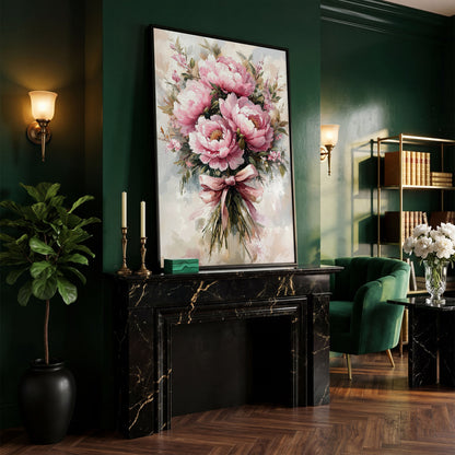 Pink Peony Bouquet Canvas Print for Living Room in black floating frame