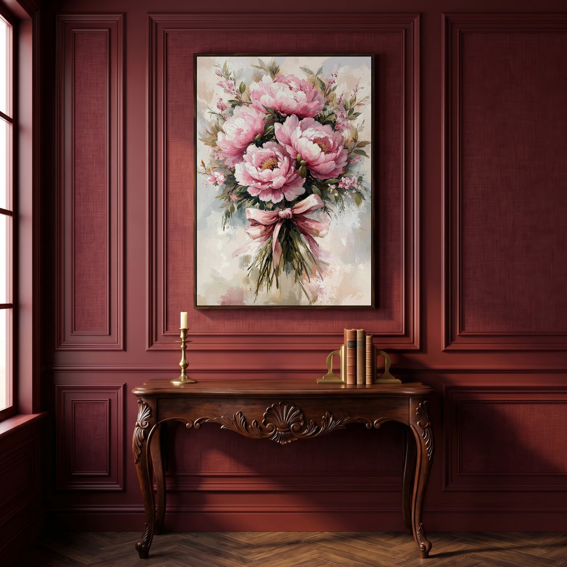 Pink Peony Bouquet Canvas Print for Living Room in dark walnut floating frame