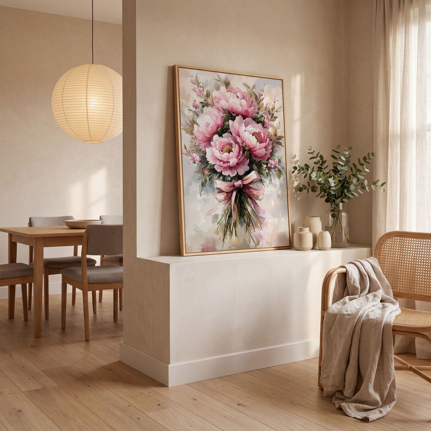 Pink Peony Bouquet Canvas Print for Living Room in white oak floating frame
