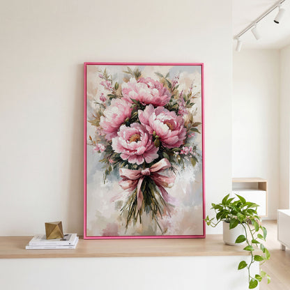 Pink Peony Bouquet Canvas Print for Living Room in pink floating frame