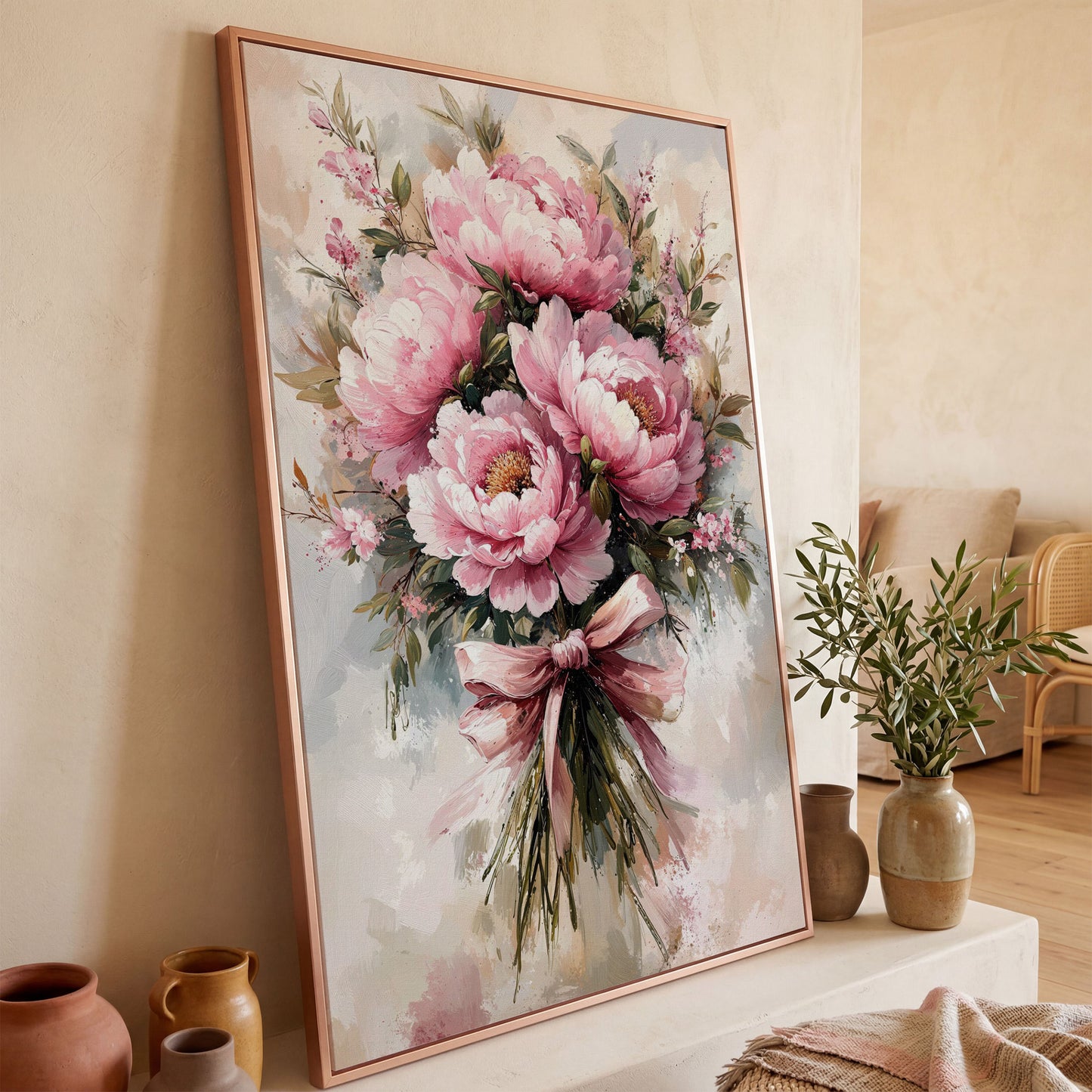 Pink Peony Bouquet Canvas Print for Living Room in rose gold floating frame